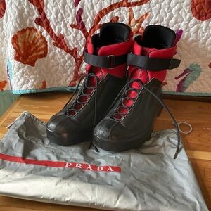 Prada Black and Red Lace-Up Boots